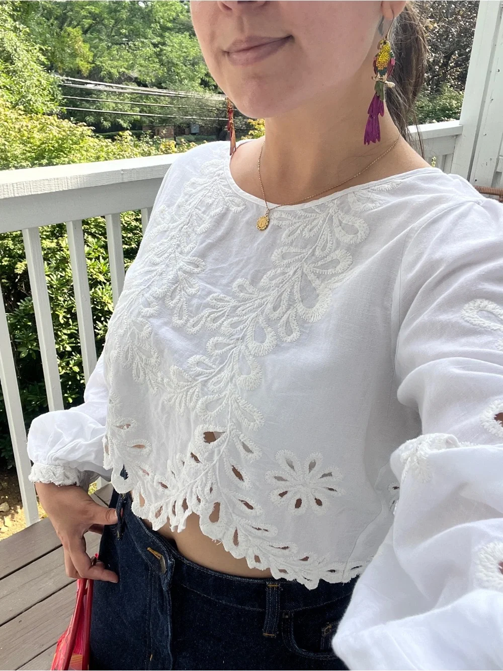 White Eyelet Cropped Peasant Top - Women's